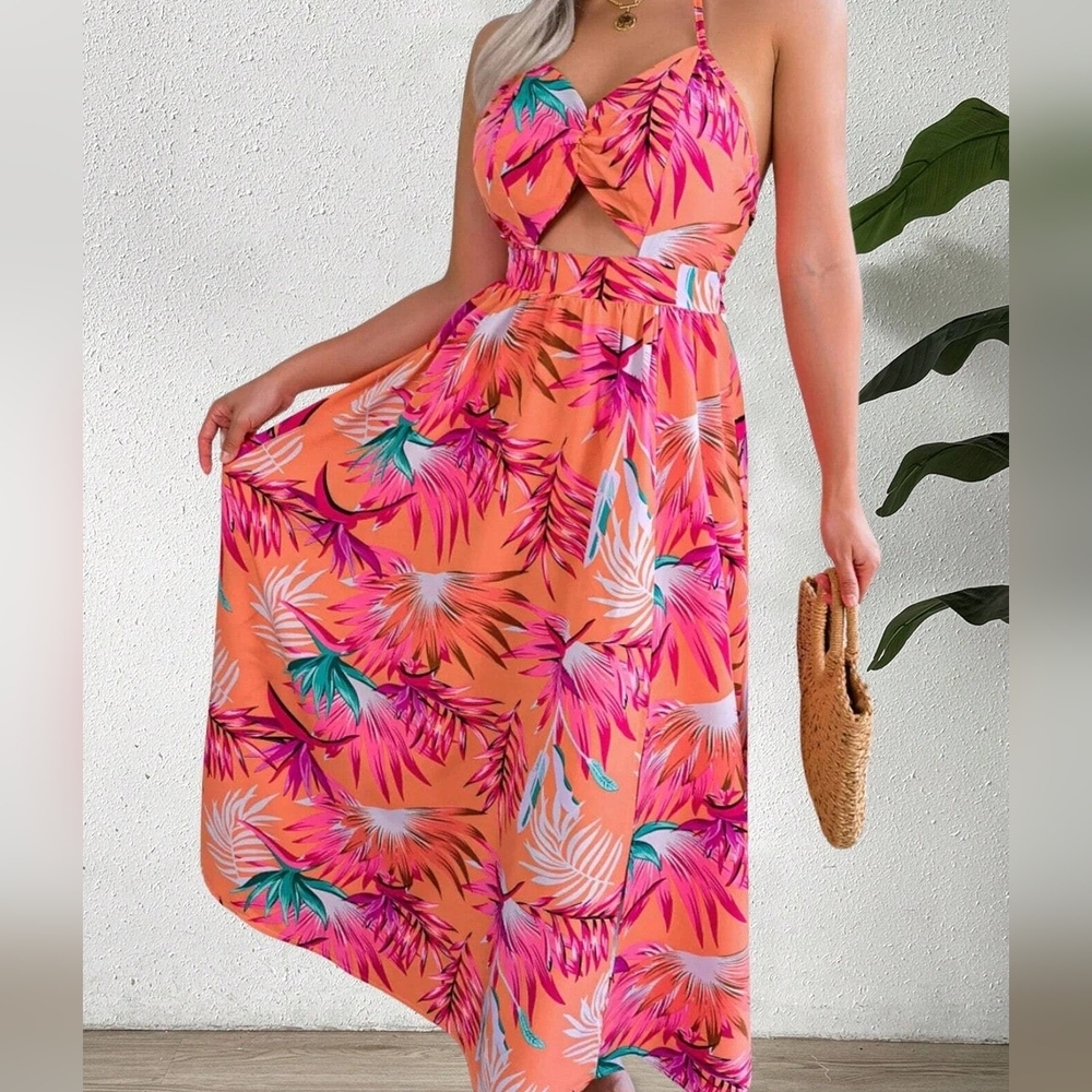 Women's Fashionable Summer Vacation Style Floral Print Halter Neck Slit Dress